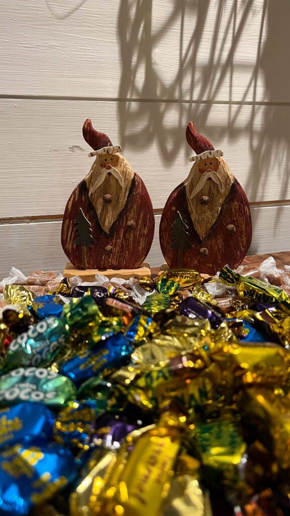 detail of candy and santa decorations at salt och sill