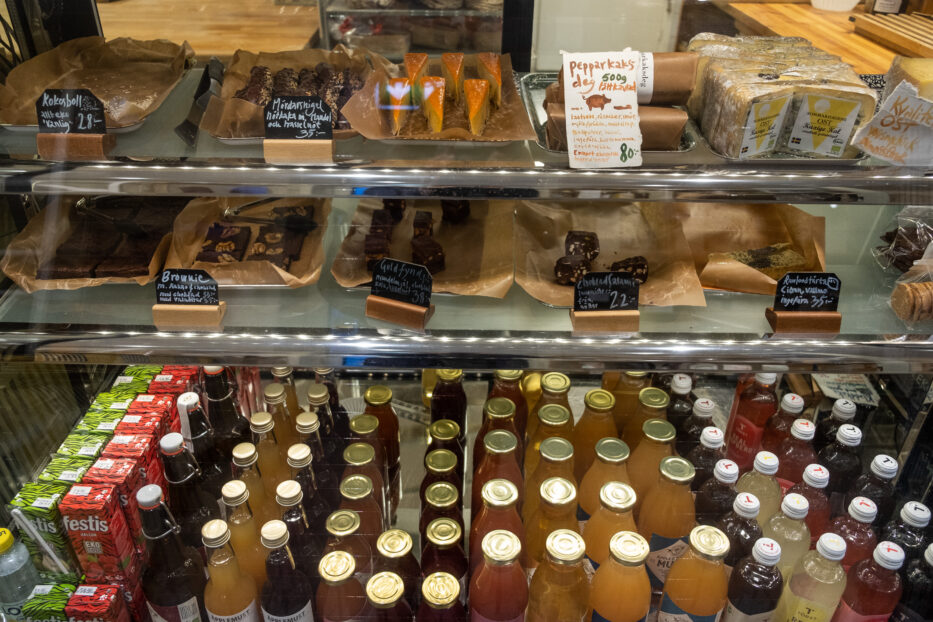 food and drinks on display in a café